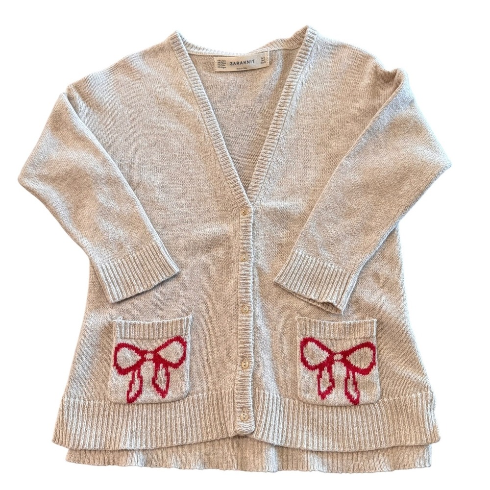 Zaraknit Cardigan Sweater Womens Beige Red Bow Pockets Knit Top
